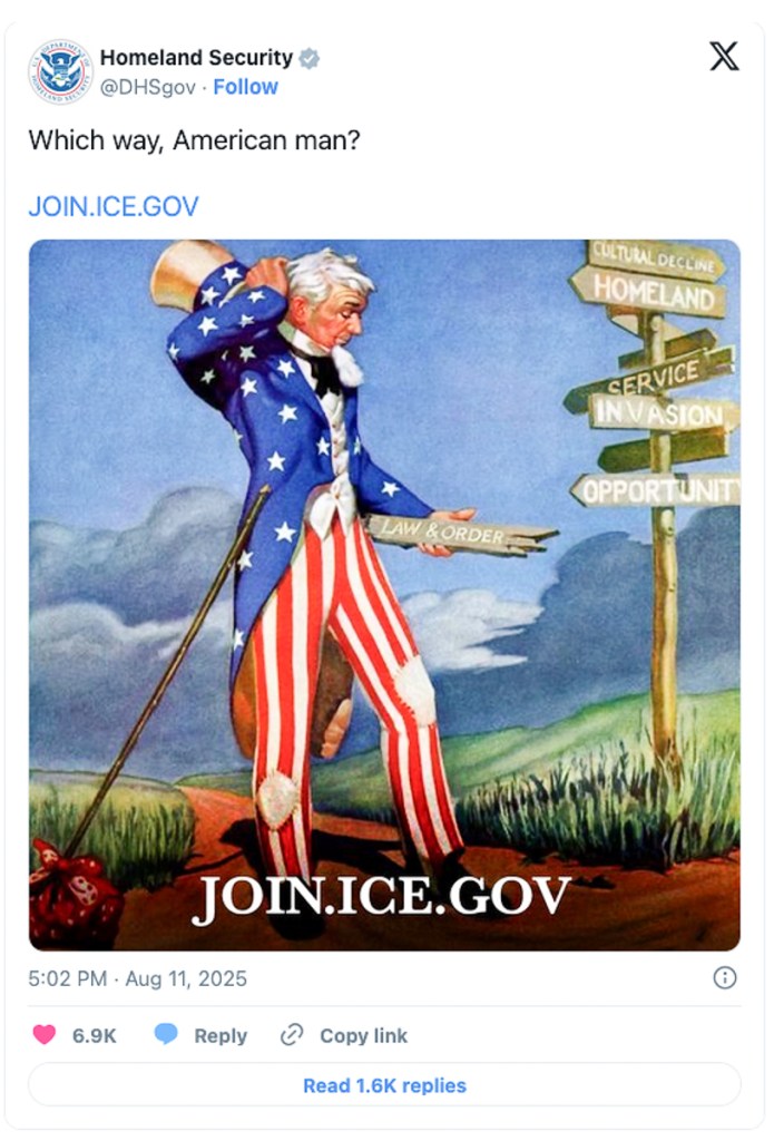 Screenshot of an official DHS post asking Which way, American man?