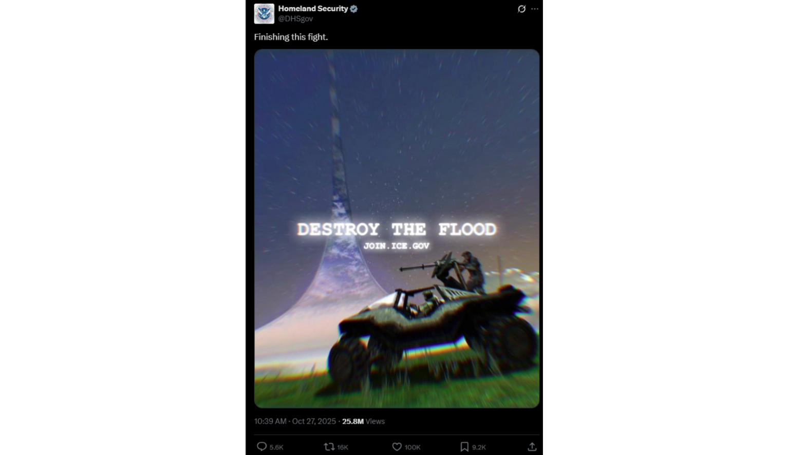 DHS post featuring Halo imagery and the words Destroy the Flood